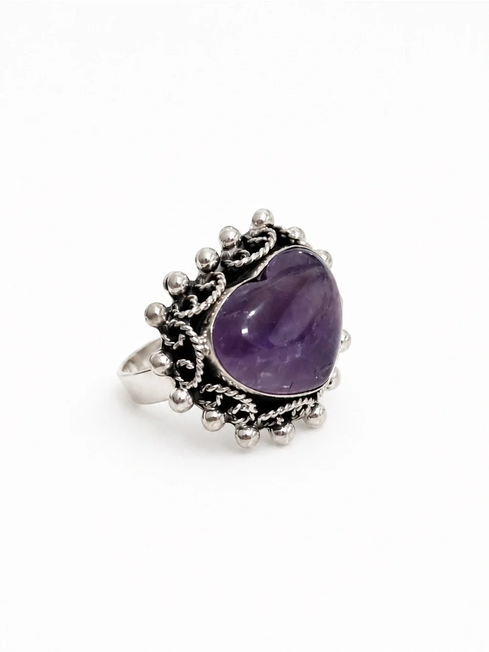 Sterling Silver Heart Amethyst Ring - Purple Gemstone